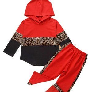 Black & Red Leopard Hoodie Set for Girls